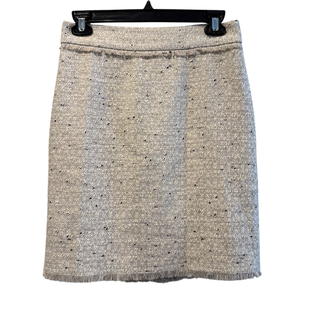 Ann Taylor Petite Pencil Skirt Beige‎ Tweed Lined Fringe Hem Career Size 0P